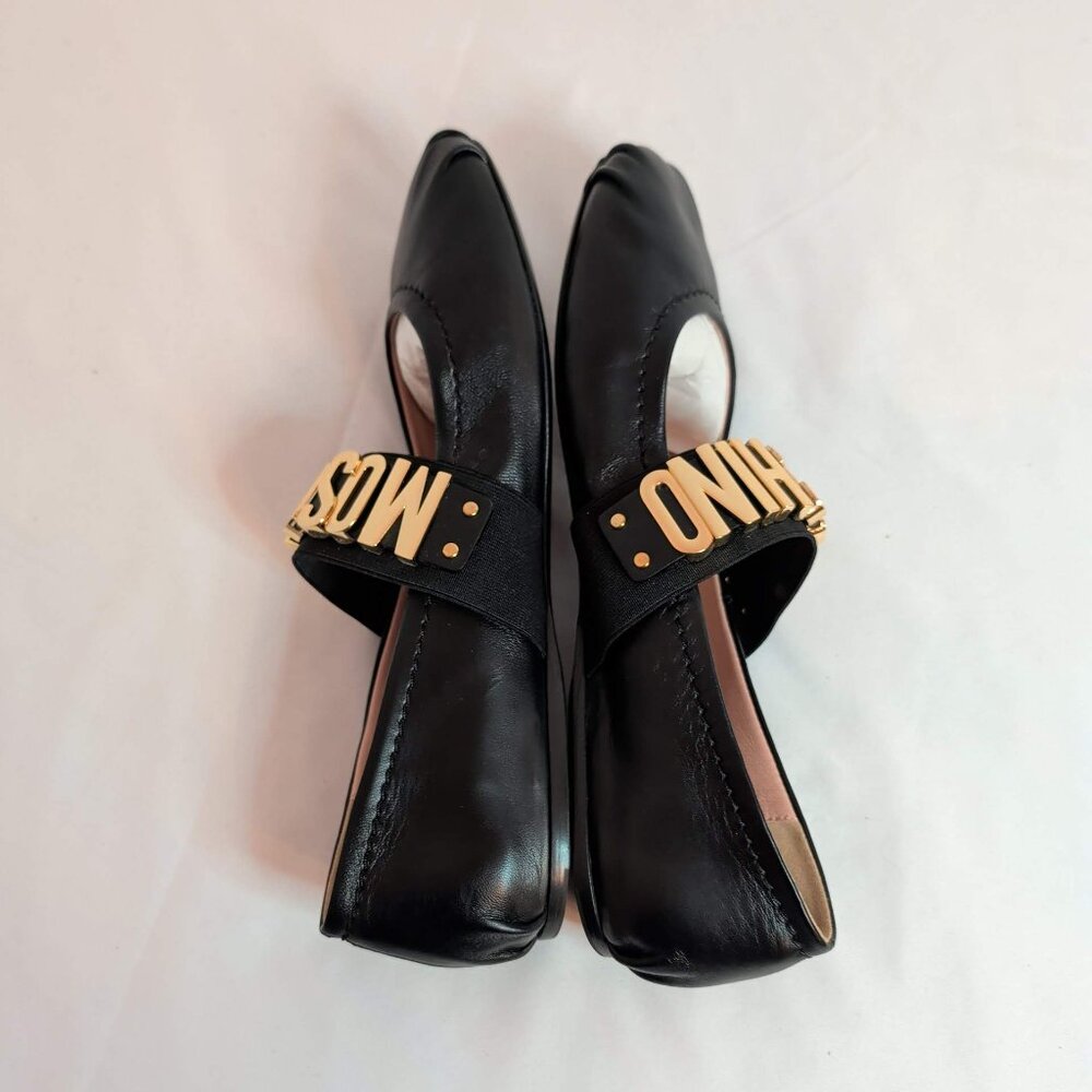 Moschino Couture Leather Ballet Flats With Gold Metal Letter Logo Sz 39 - Picture 6 of 10